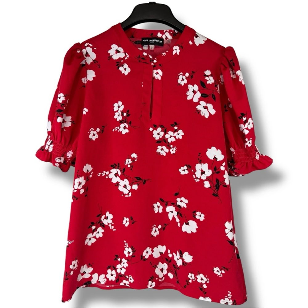 Karl Lagerfeld Red Floral Short Sleeve Blouse Size S Parisian Chic